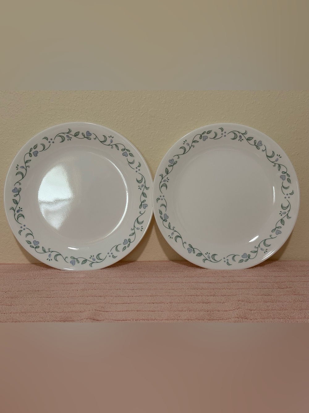 Corelle White  lunch Plates with Green Vine and Purple Heart Border (Pair)